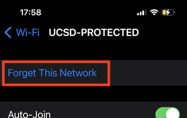 Screenshot: Forget This Network button on iphone