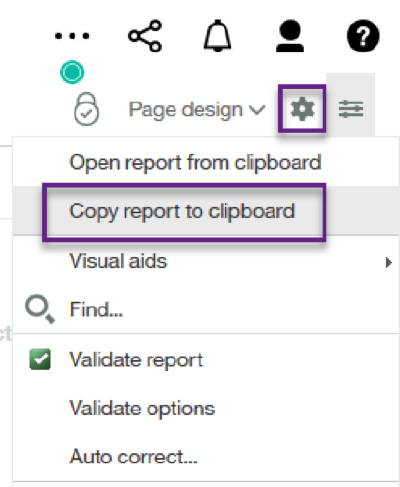 Screenshot: Copy report to clipboard under settings