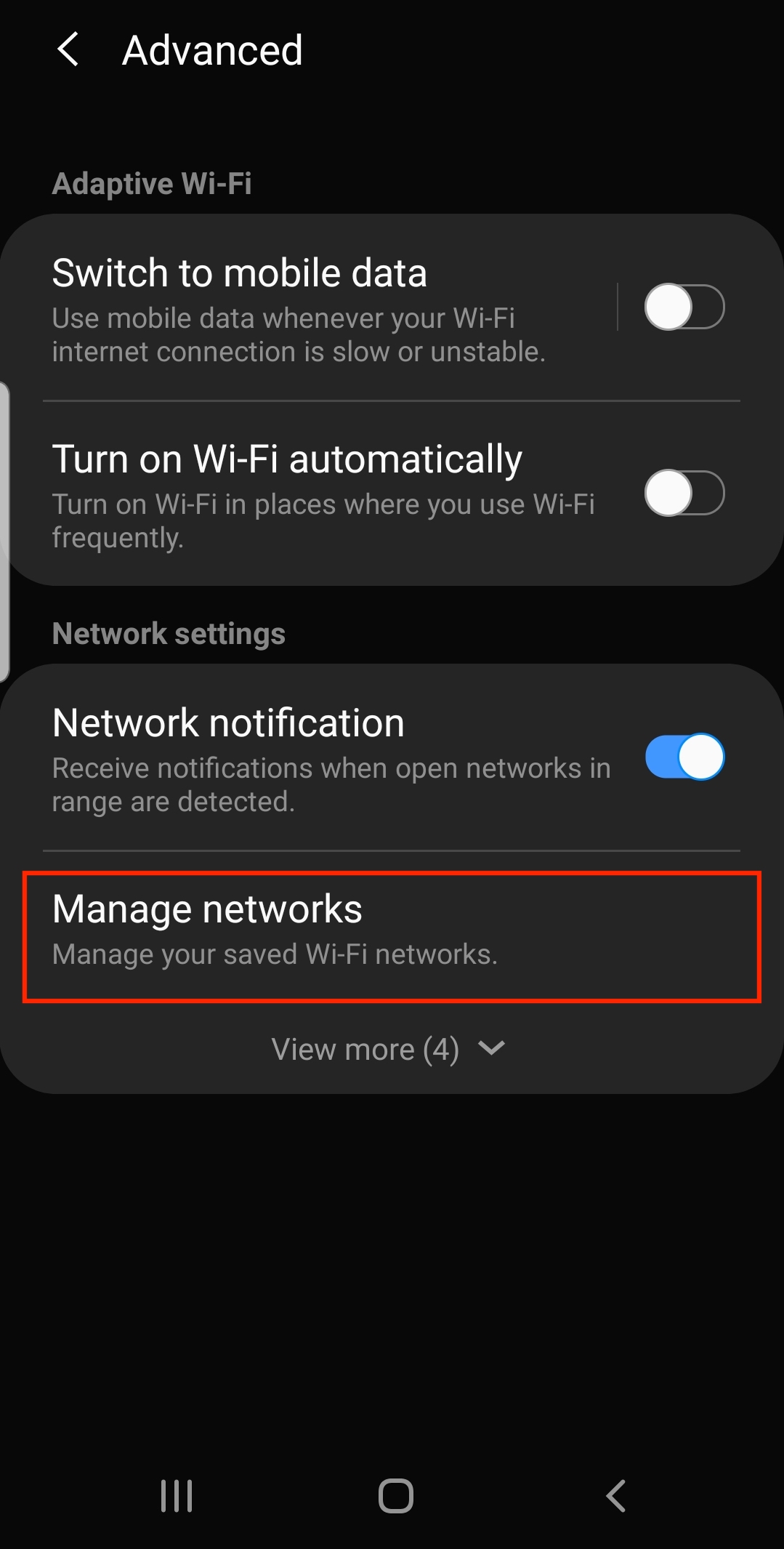 Screenshot: Manage network option in advanced menu
