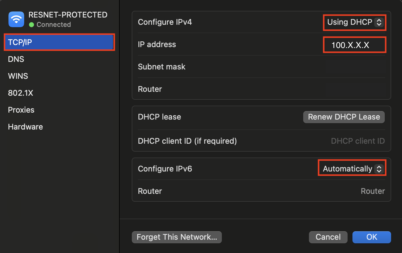 Screenshot: TCP/IP Menu with instructed IP Configurations set