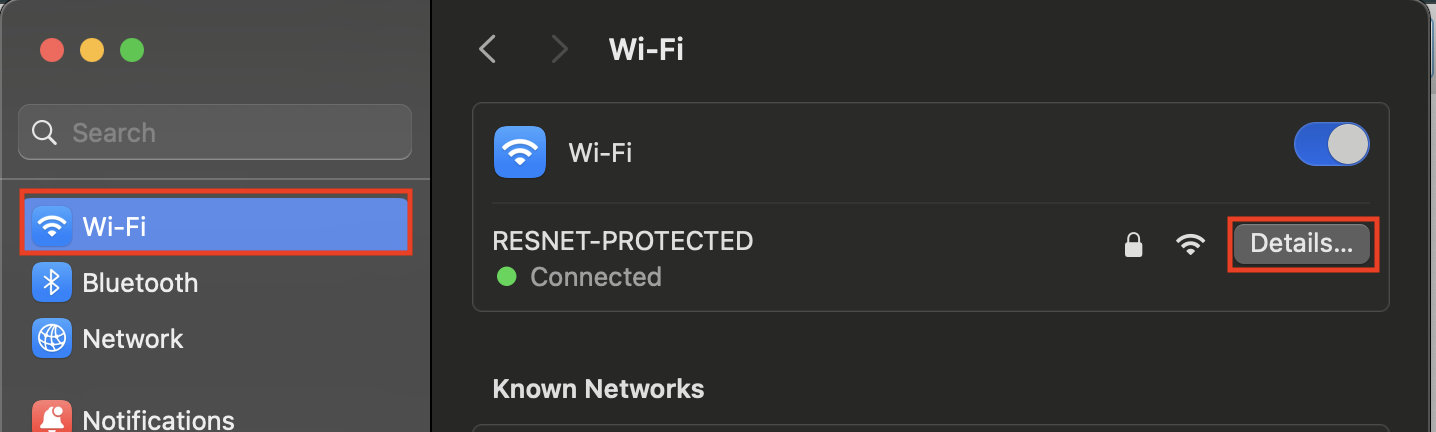 Screenshot: System Settings window with Wifi "Details..." button marked 