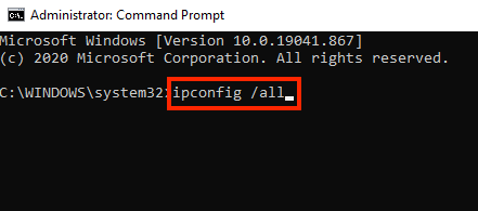 Screenshot: Windows Command Prompt with ipconfig command typed