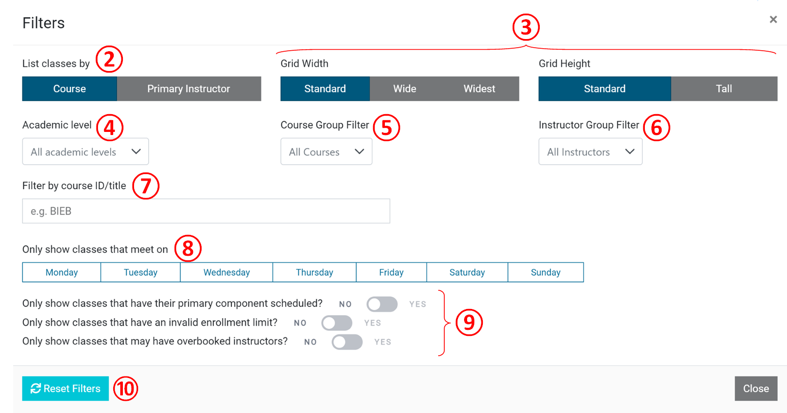 Screenshot: Quarter Schedule Builder filters in detail