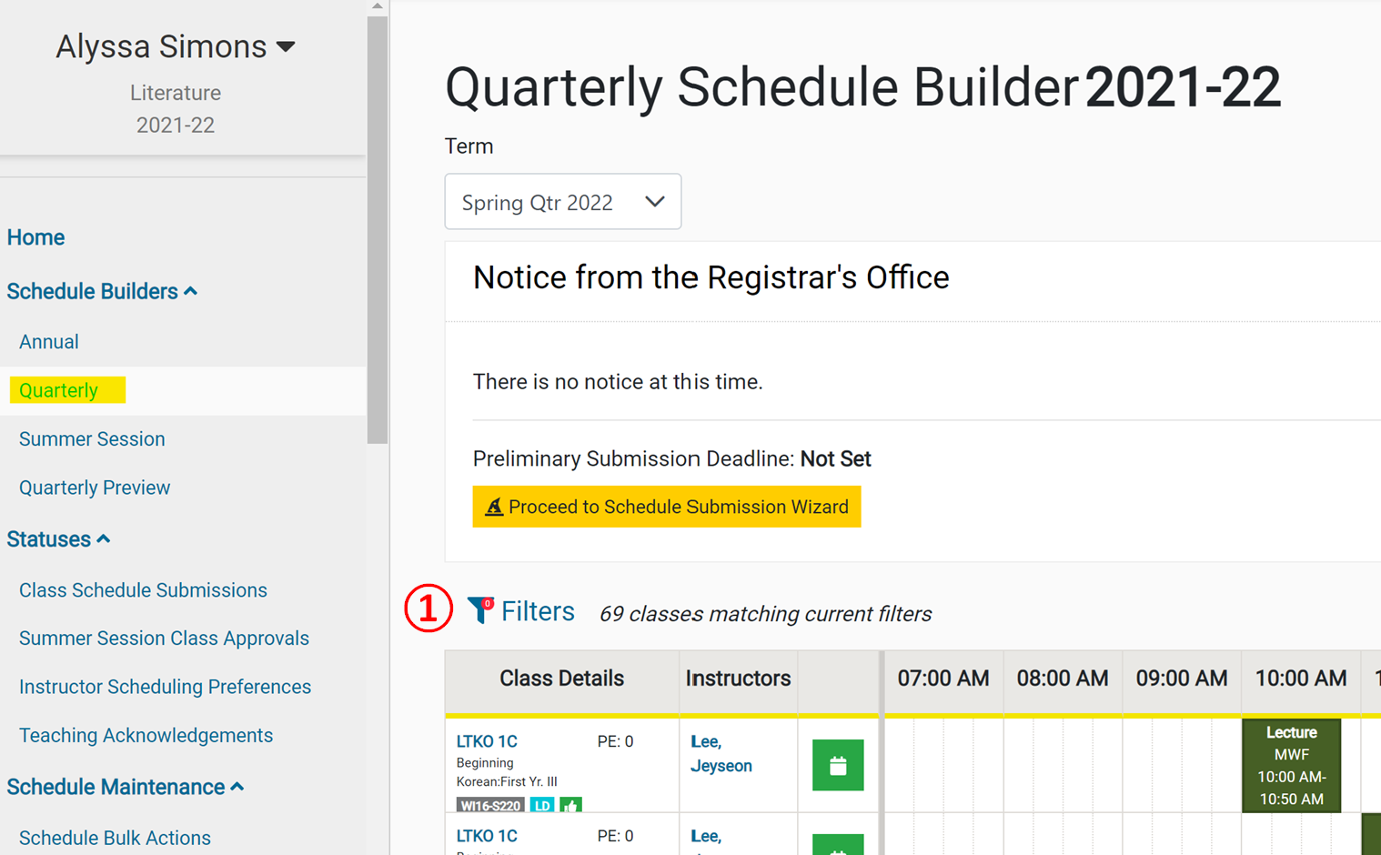 Screenshot: Quarterly Schedule builder filters