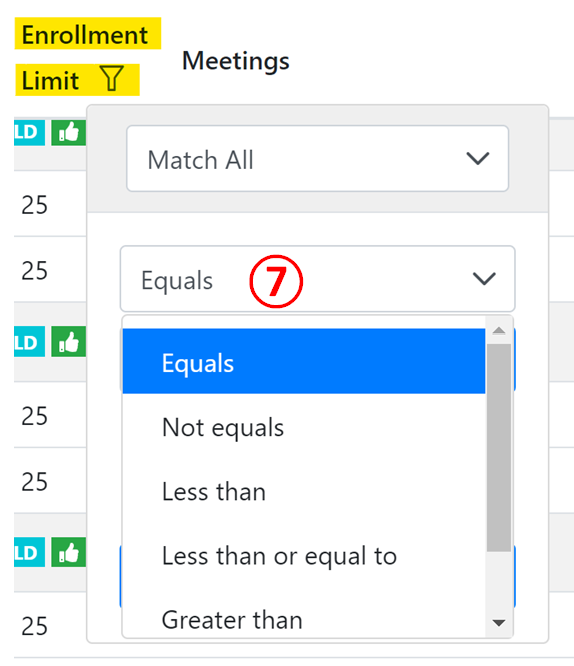 Screenshot: Enrollment Limit Filter Options