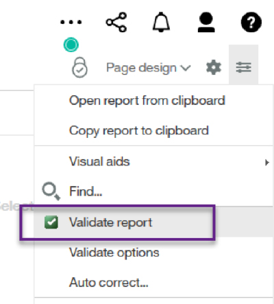 Screenshot: Check validate report from the dropdown menu.