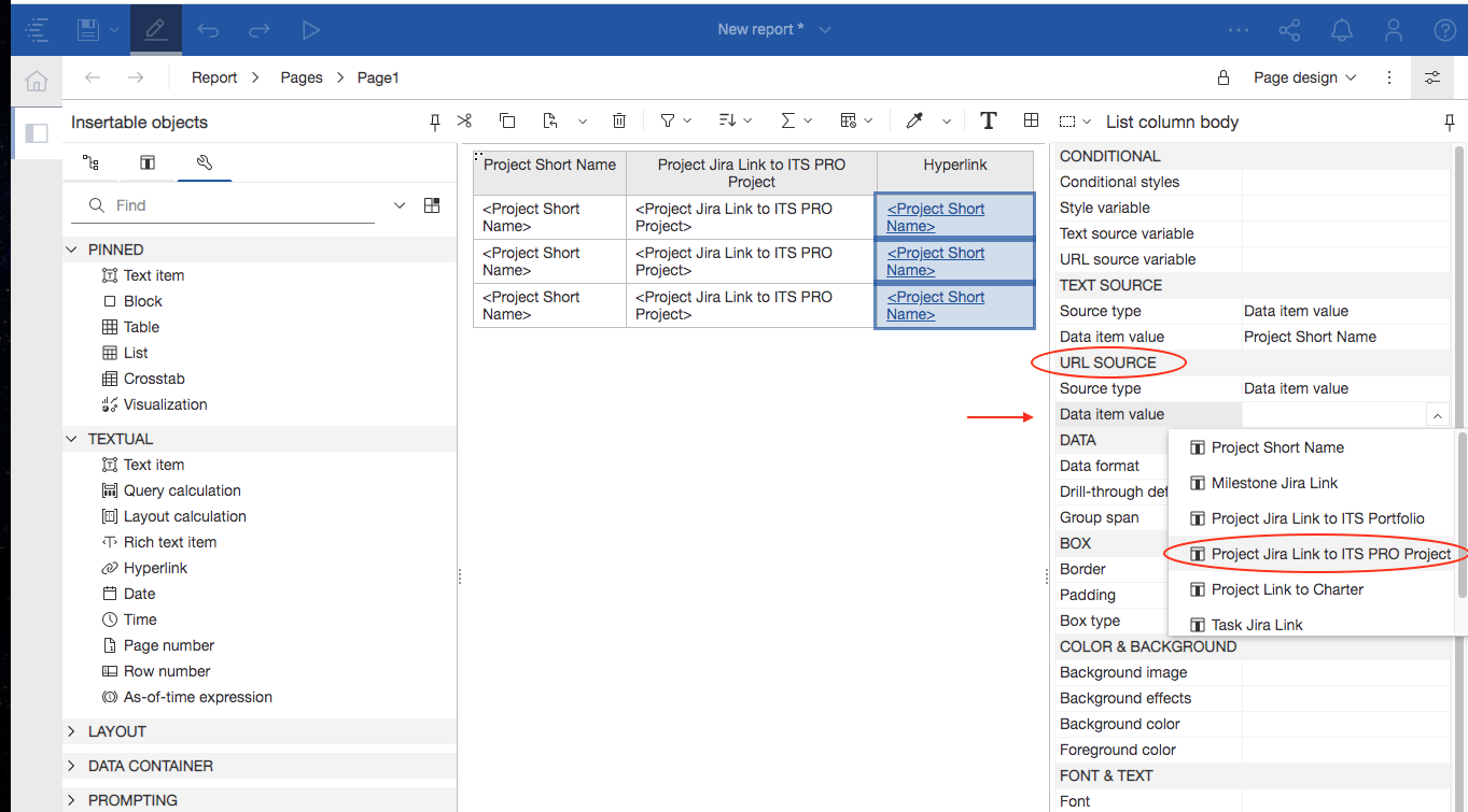 Screenshot: Data item value drop down list