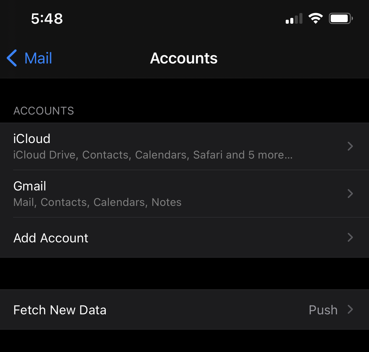 Screenshot: Accounts list with Exchange gone.