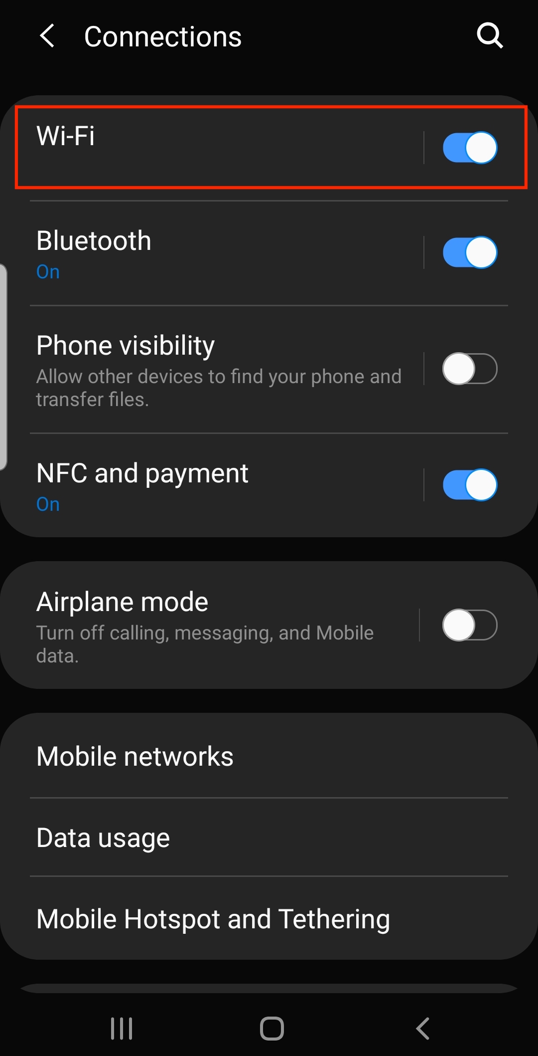Screenshot: Where to find Wi-Fi option in Connections menu