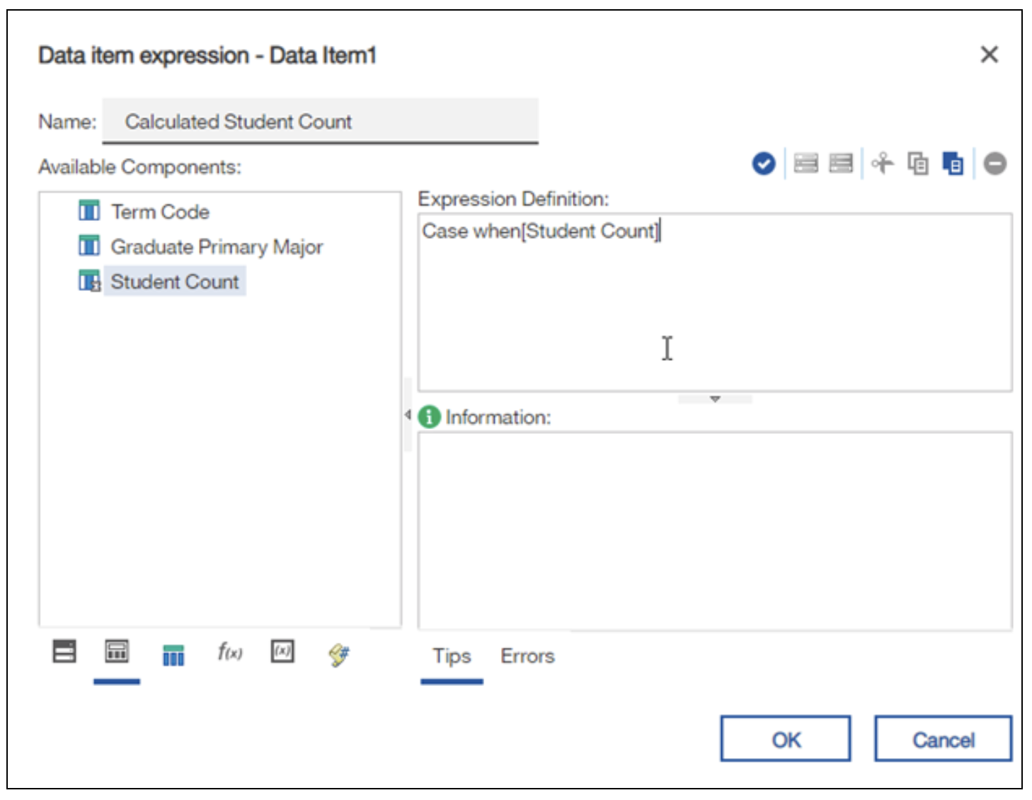 Screenshot: Example of setting Expression Definition as Case when[Student Count]