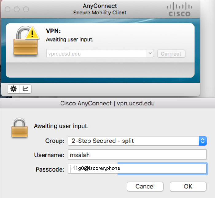 Screenshot: VPN connection settings for 2-step