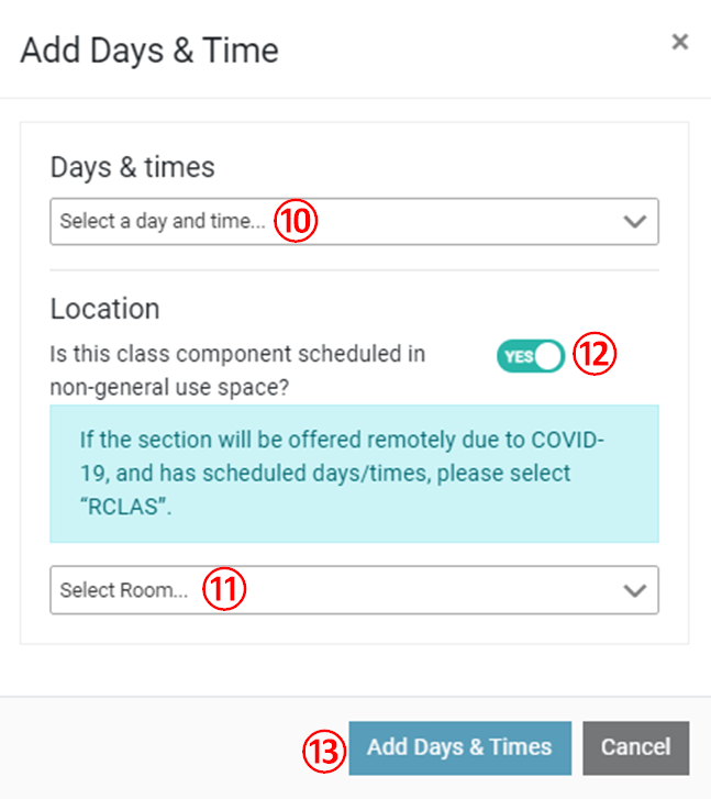 Screenshot: fields for adding days and time 