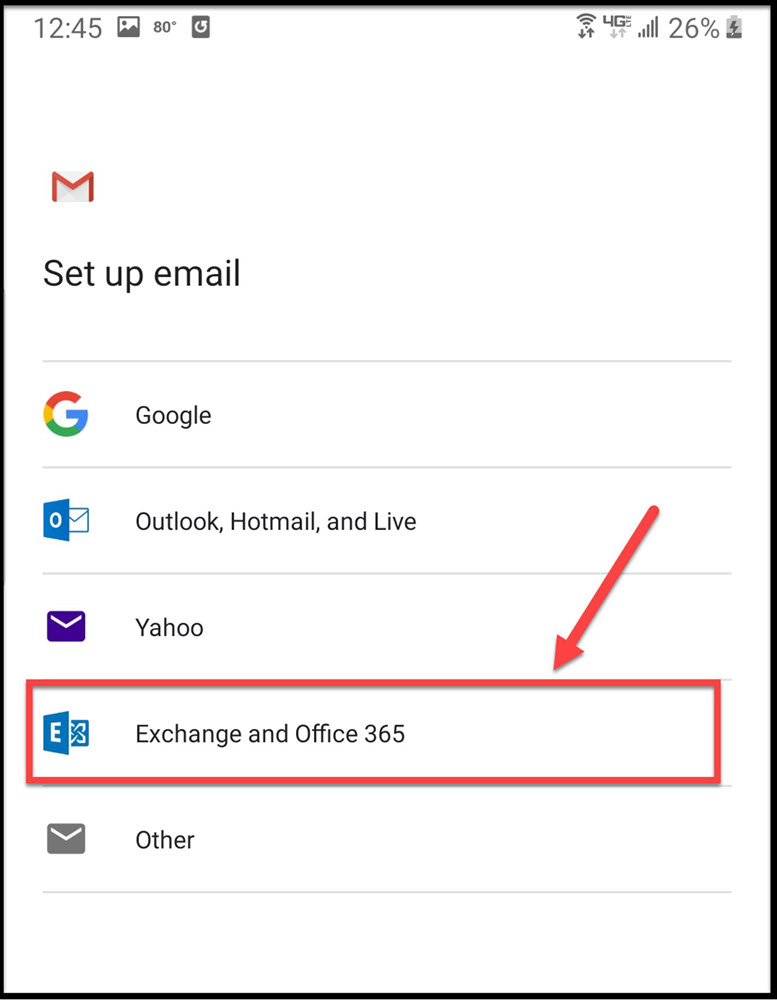 Android Screenshot - Select "Exchange and Office 365" option on "set up email" menu 