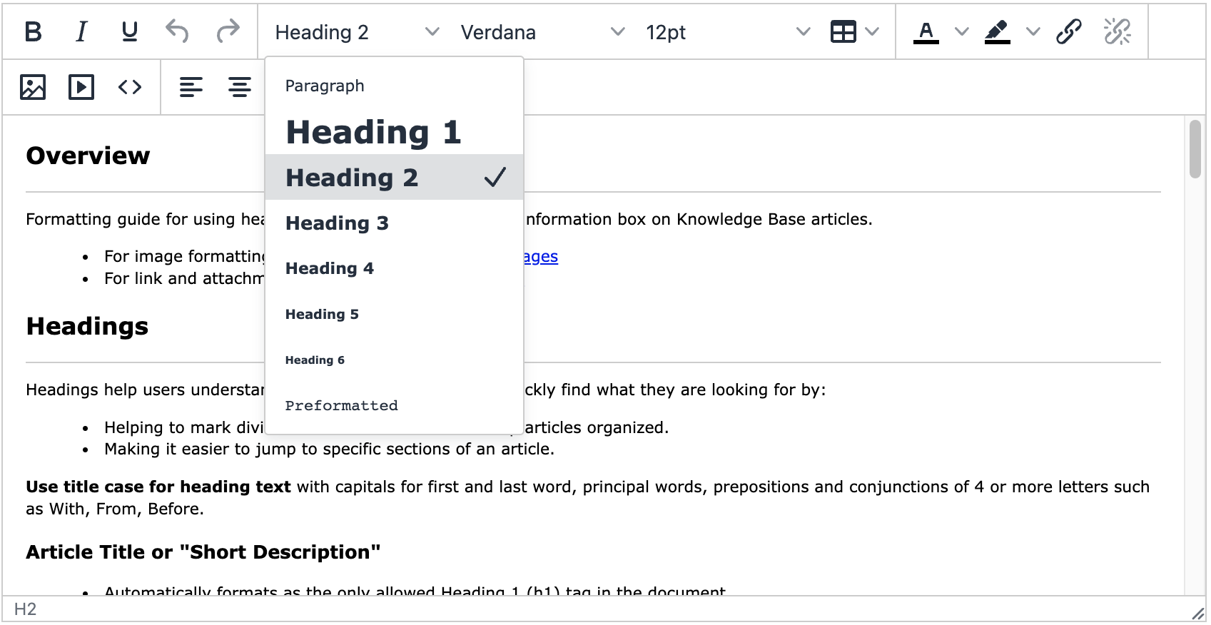 Heading selection options