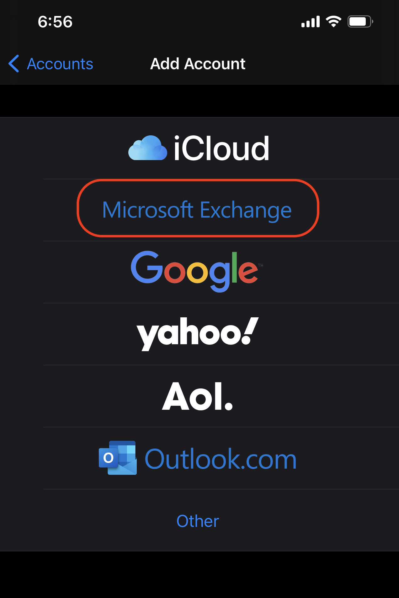Screenshot: List of email account types - Exchange is circled
