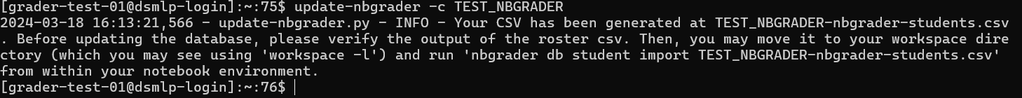 screenshot of update-nbgrader -c command on terminal
