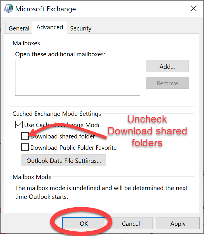 Microsoft Exchange window on the Advance tab with an arrow to uncheck the option "Download shared folder". "Ok" button is circled
