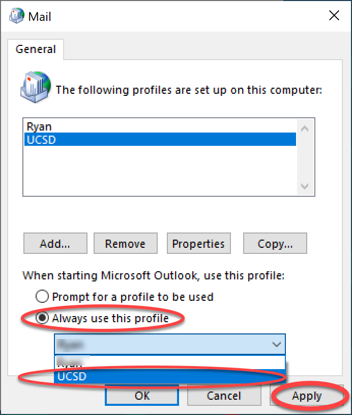 Mail window with the new profile listed in the list of profiles and "Always use this profile" option circled
