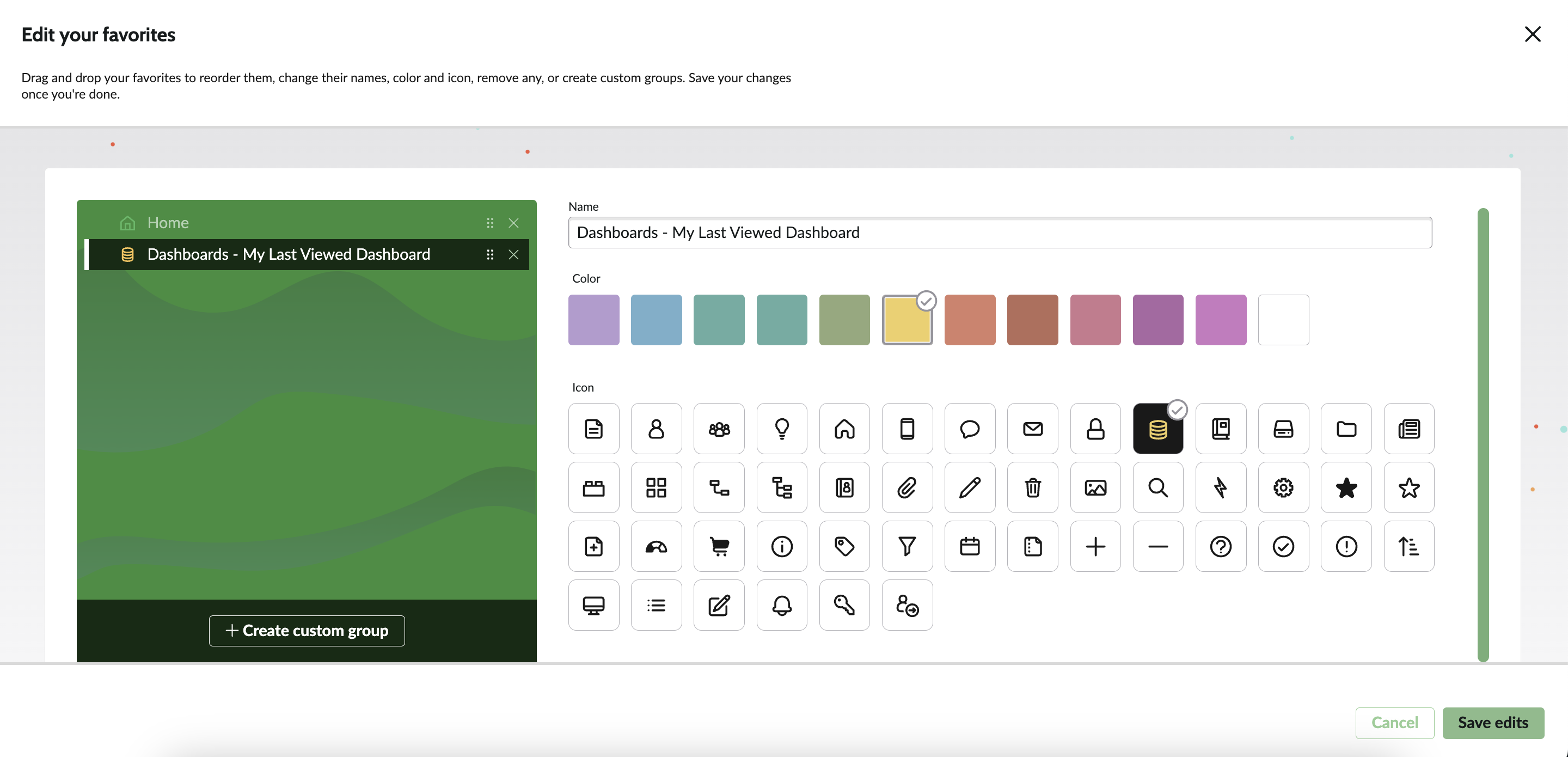 Screenshot: customize favorites