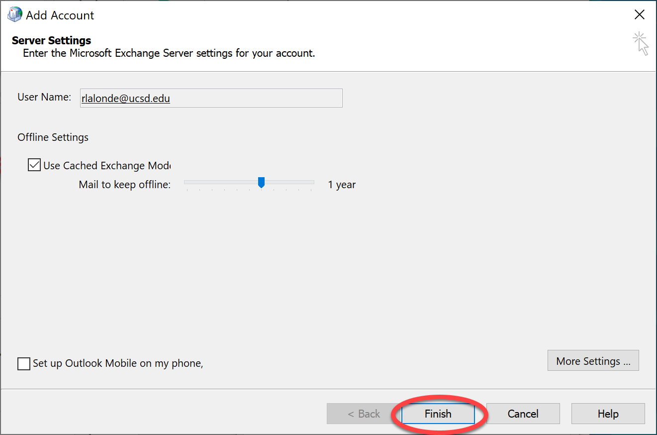 Finish button circled in "Server settings" window 