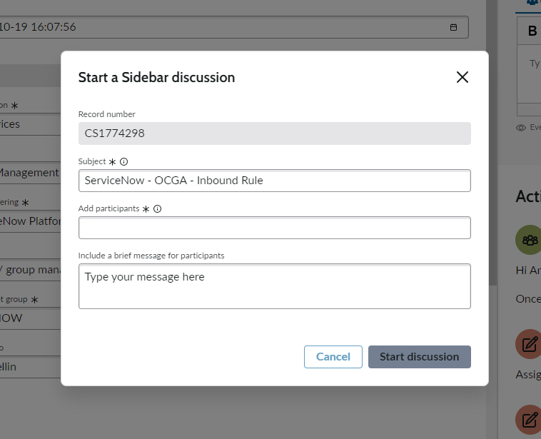 An image showing the required fields that need to be filled out in order to start a sidebar discussion