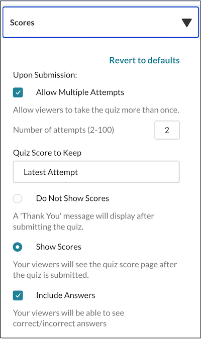 A screenshot of the "scores" section of a Kaltura in-video Quiz