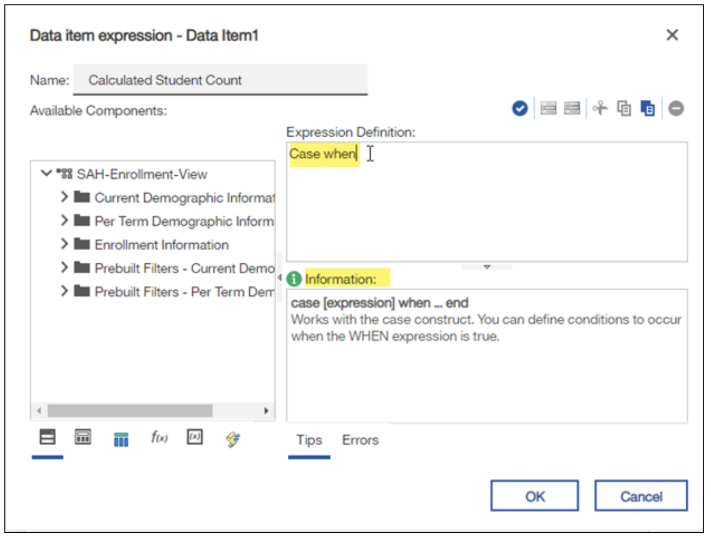 Screenshot: Example of setting Expression Definition as Case when