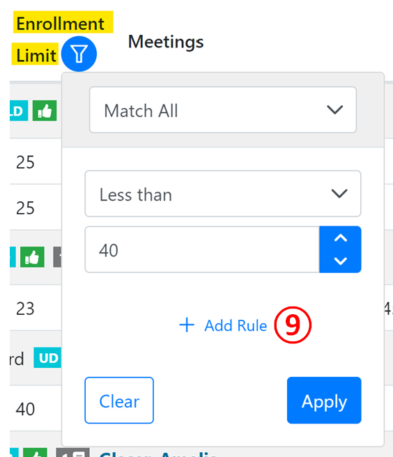 Screenshot: Enrollment Limit Filter for Meetings