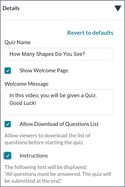 A screenshot of the "details" settings for a Kaltura in-video quiz. 