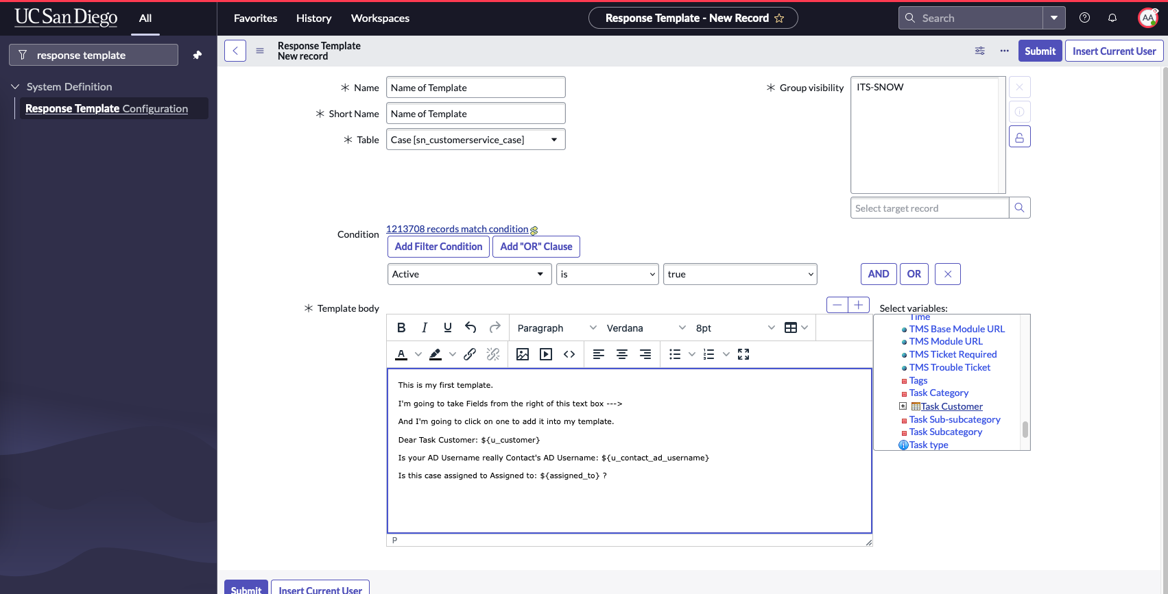 Screenshot: Response Template fields filled out