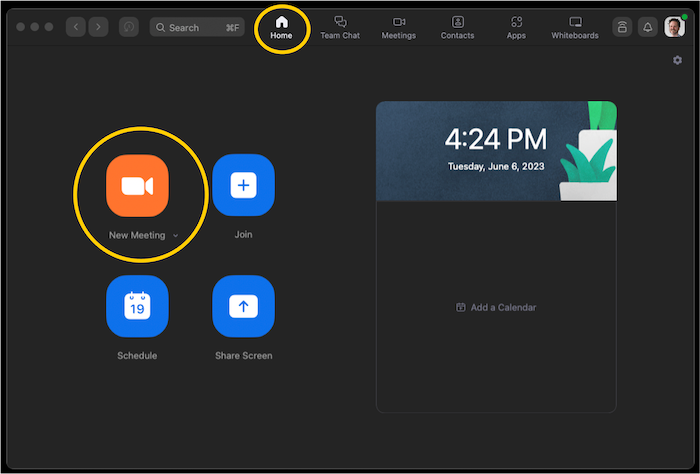 A screenshot of Zoom's home tab with "new meeting" circled.