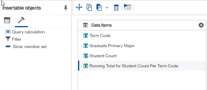 Screenshot: Data Item called Running Total for Student Count per Term Code