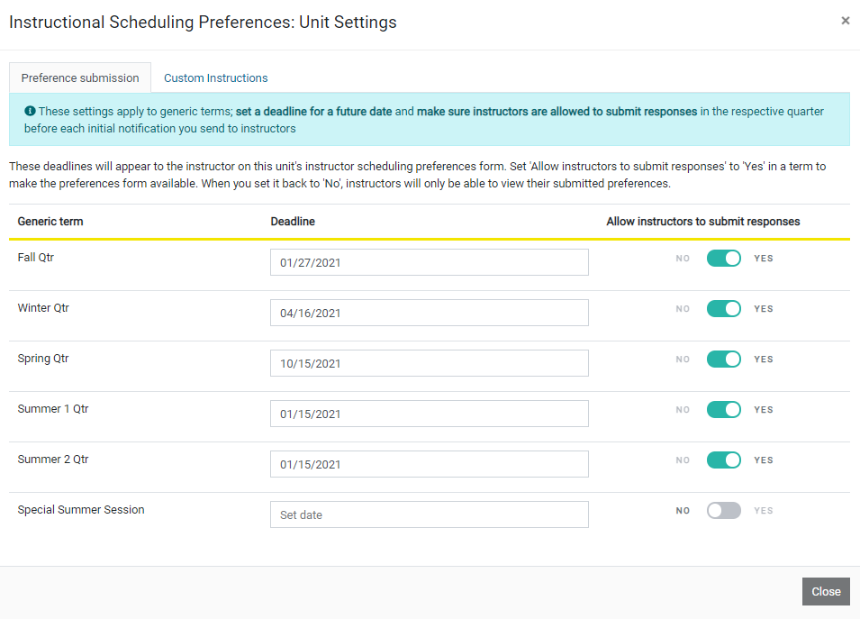 Unit Settings page 