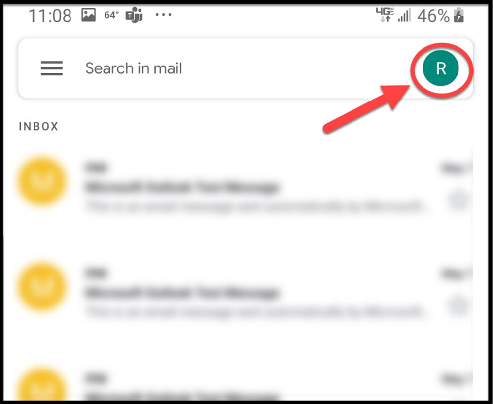 Android screenshot - Gmail profile icon circled on the Gmail app 