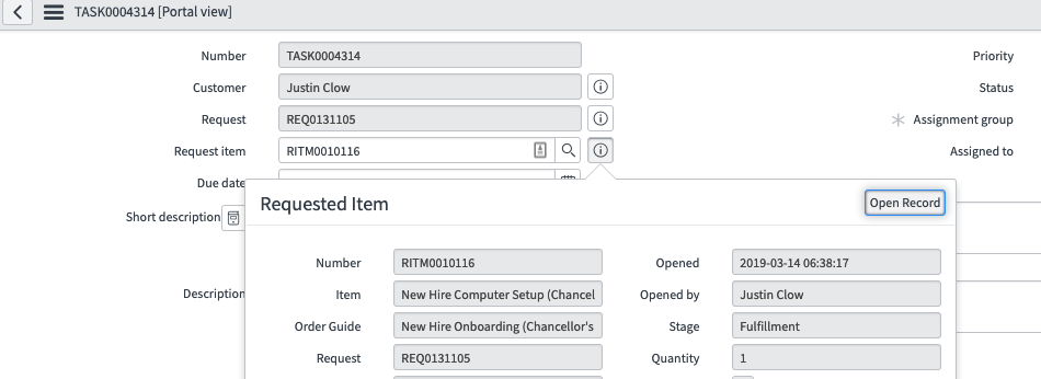 The "Request item" field for the catalog item displayed in the context window