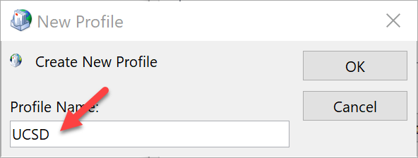 "New Profile" window to input profile name