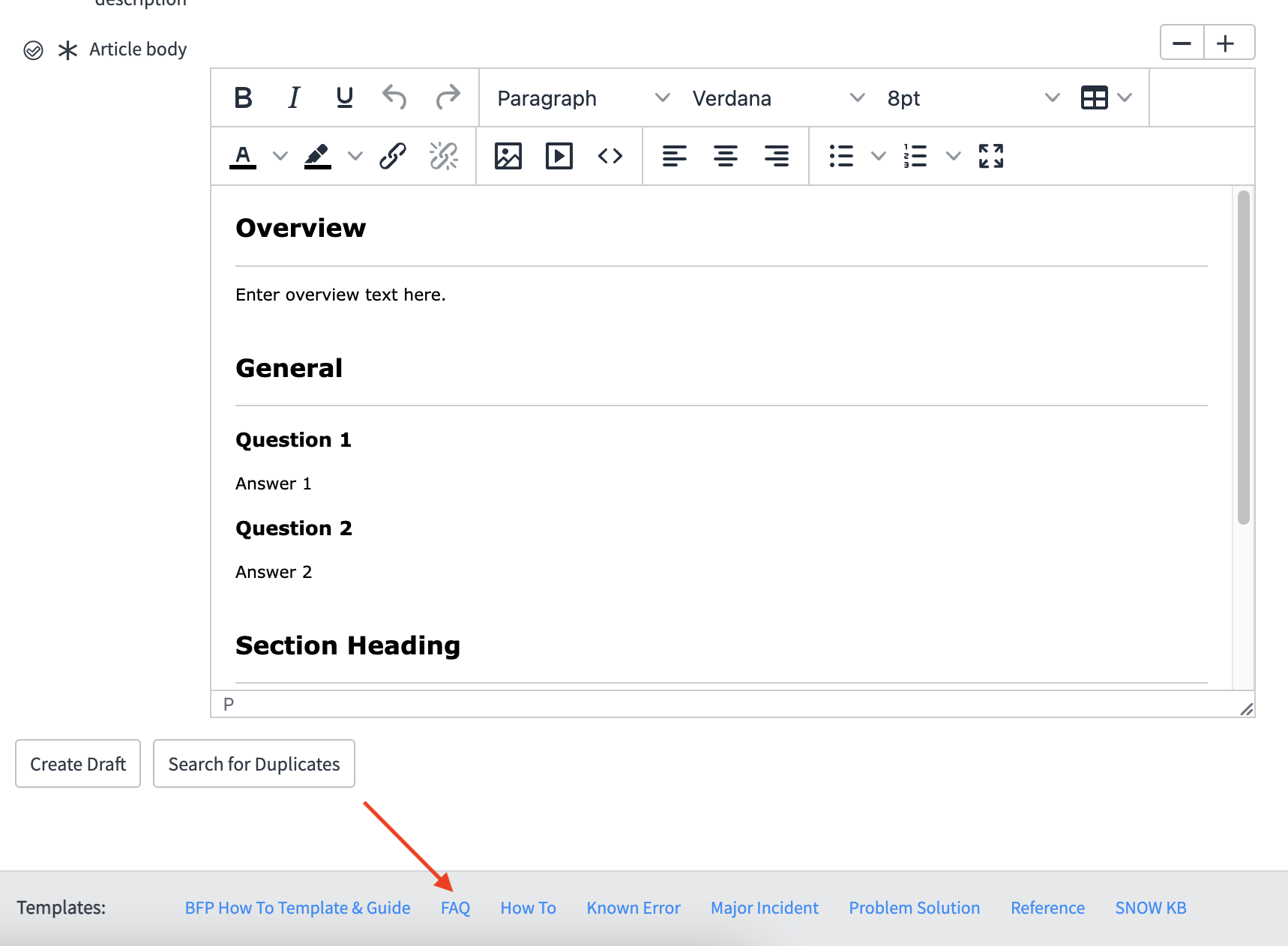 Screenshot of article body field with template selection underneath