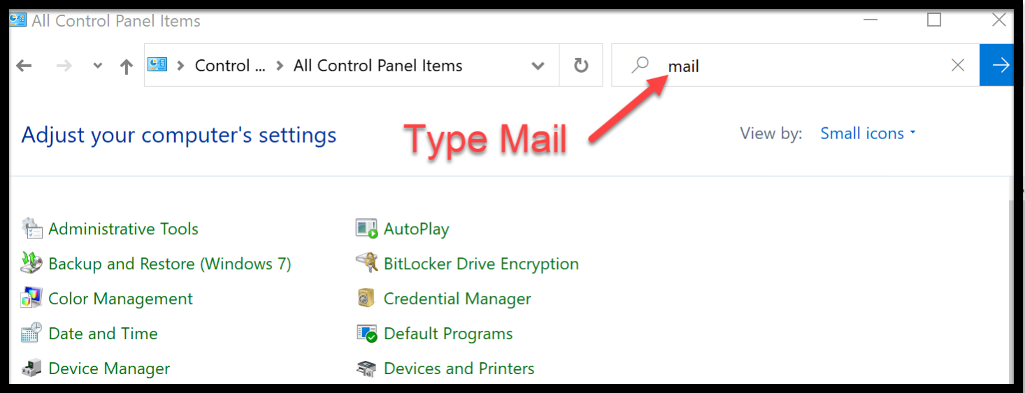 Control Panel Window with an arrow to the search field 