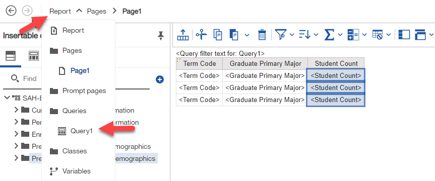 Screenshot: Selecting Query 1