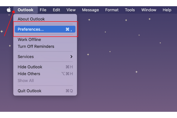 Click "Outlook" in top left corner> Click "Preferences"