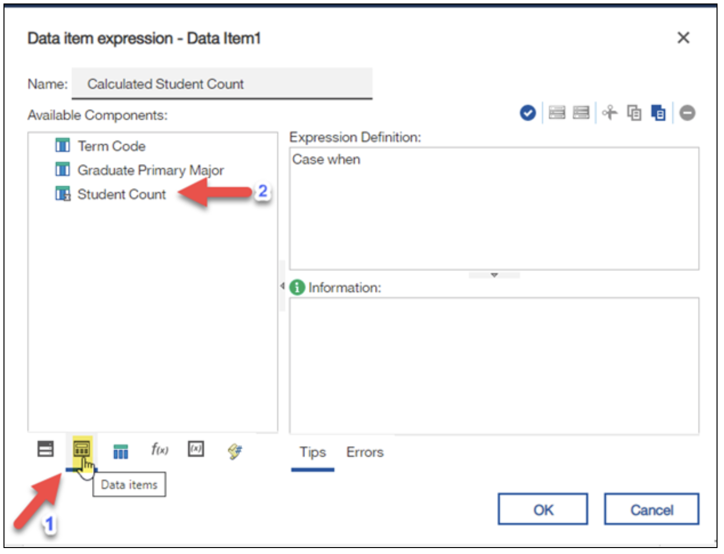 Screenshot: Arrow that points to the location of the Student Count component and data item icon on page