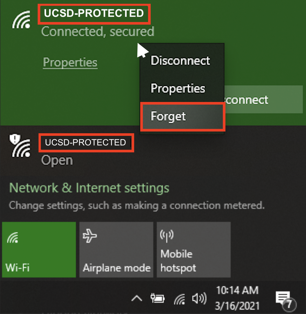 Screenshot: Windows network icon with right clicked forget option shown