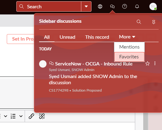 An image displaying what the sidebar tab looks like, you can choose unread discussions, all, ones for this record, or click on more.