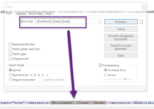 Screenshot: Search for full field name in copied report text