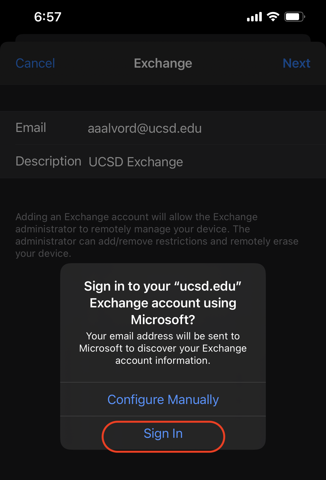 Screenshot: Sign in confirmation pop up