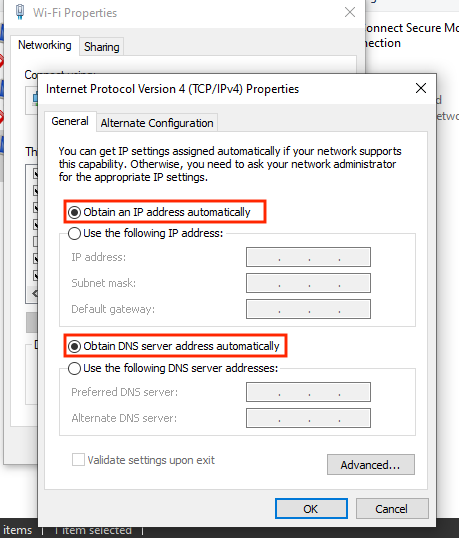 Screenshot: Check to make sure Obtain IP Automatically and Obtain DNS Automatically are turned on