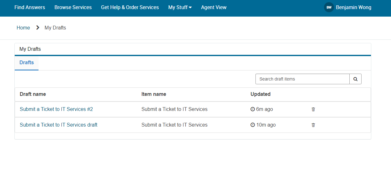 Screenshot of "My Drafts" Section in the support portal