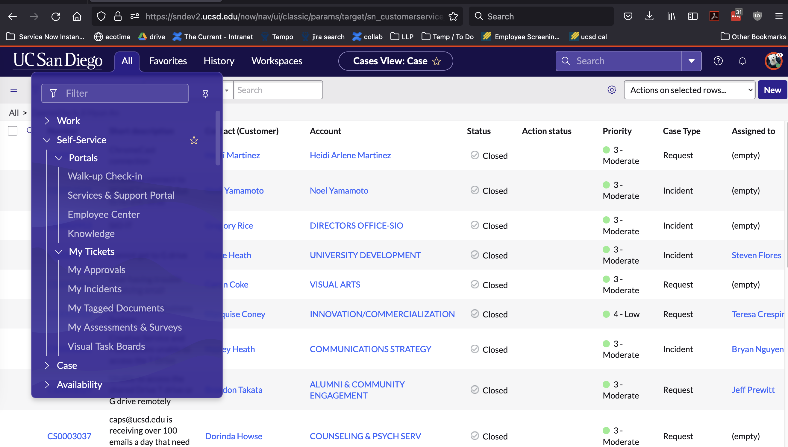 Screenshot: the self service menu
