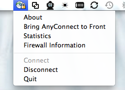 Screenshot: AnyConnect icon located in the top right corner on the main Mac toolbar.  Select AnyConnect icon to bring up dropdown menu.  Quit option located at end of menu.