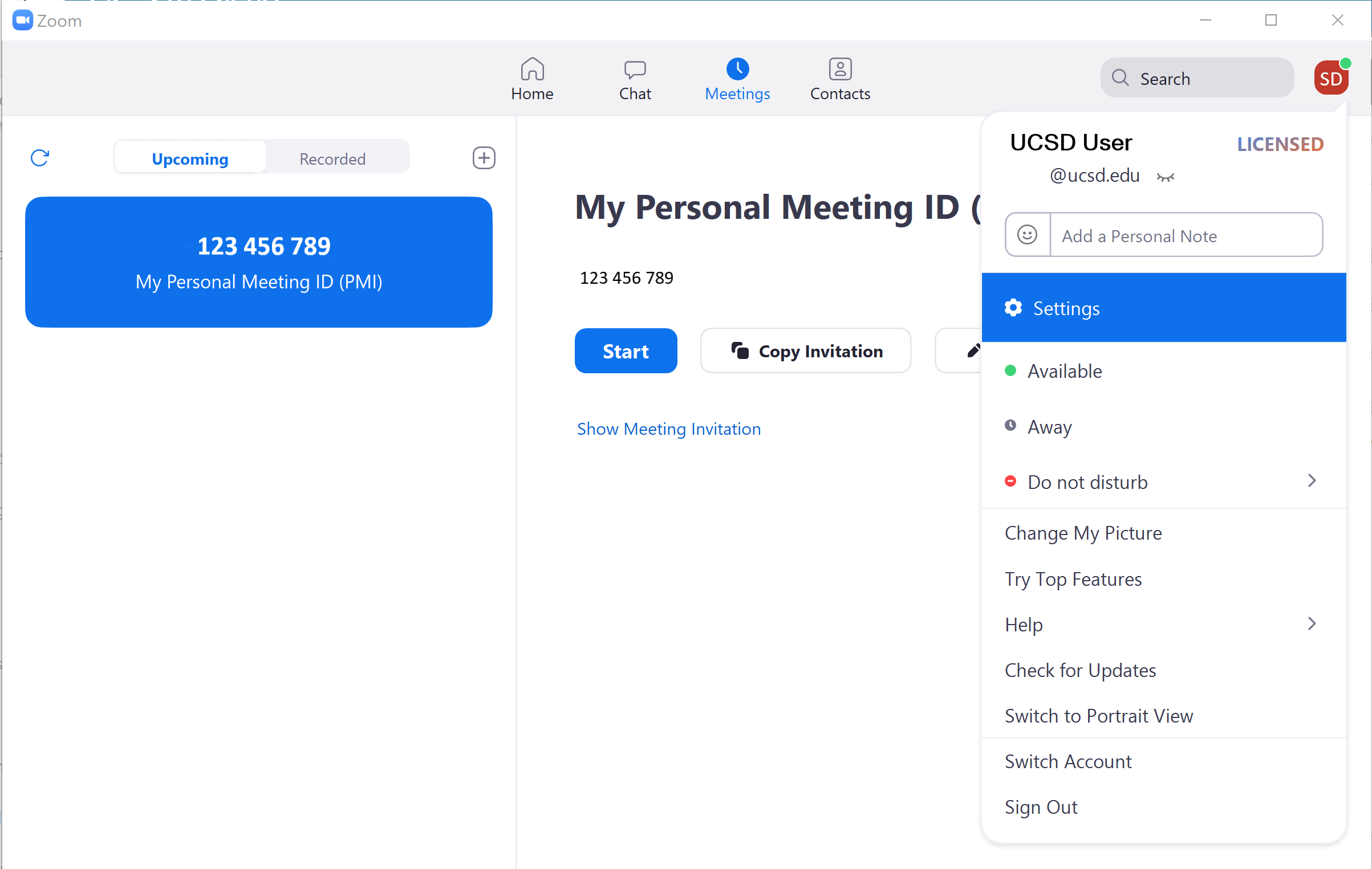 Screenshot: Zoom Settings in the Client menu below the profile icon.